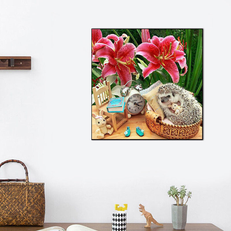 Full Drill Round Rhinestone DIY 5D Mosaic Hedgehog Clock Painting Kit Room Decor