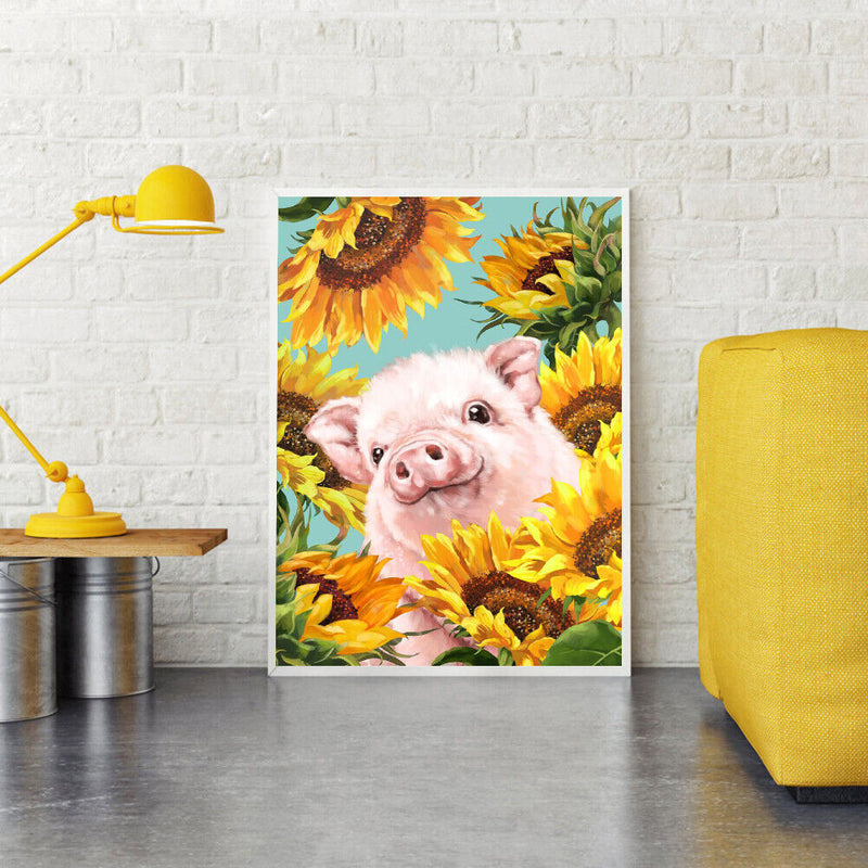 Full Drill Round Rhinestone Picture DIY 5D Mosaic Pig in Sunflower Painting Kit