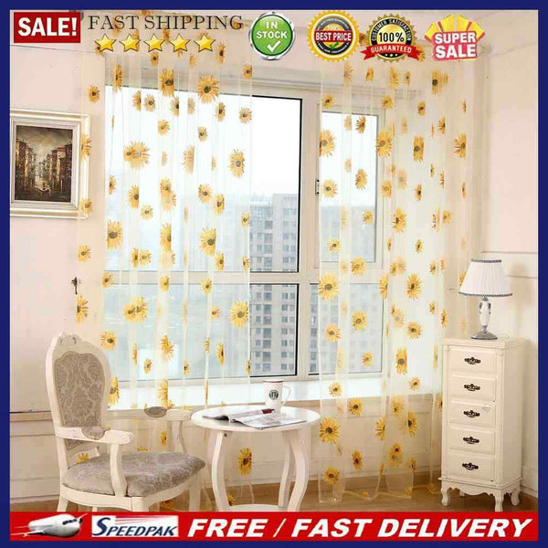 Sunflower Print Window Door Curtain Tulle Curtains for Living Room (Yellow)