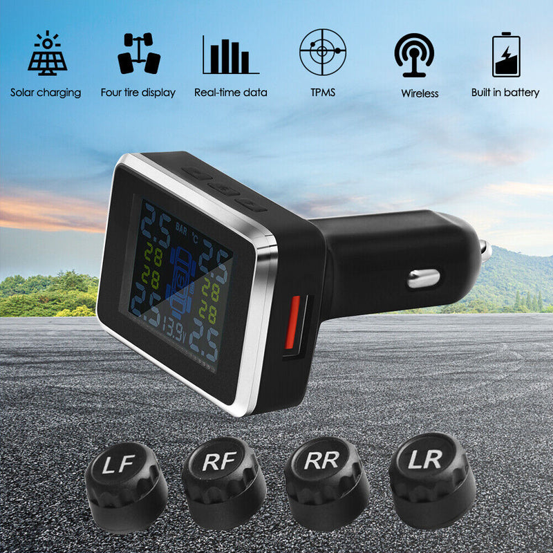 Wireless Car TPMS Tire Pressure Monitor 4 External Sensors LCD Warning Alarm
