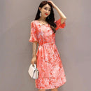 Women Elegant Print Dress O Neck Frill Half Sleeve Lace Up Tunic A-line Dresses