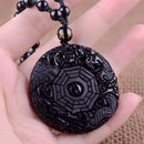 Handmade Mens Women BaGua Dragon Phoenix Carved Lucky Pendant Obsidian Necklace