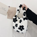 Fashion Women Flower Print Plush Shoulder Bag Winter Chain Handbags (White)