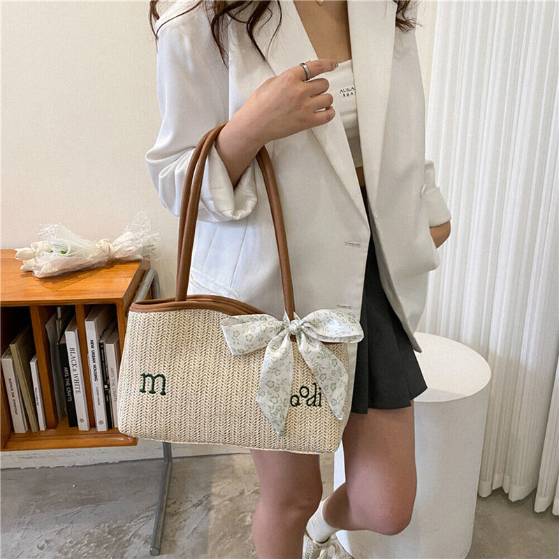 #A Irregular Straw Shoulder Bag with Scarf Beach Summer Woven Designer Tote Hand