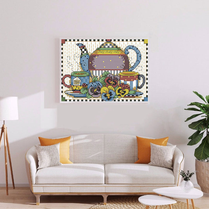 Tea Set Partial Cross Stitch 14CT Cotton Thread Printed Embroidery Kits