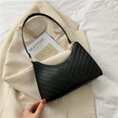 Women PU Leather Shoulder Bags Thread Solid Color Lady Handbag (Black)