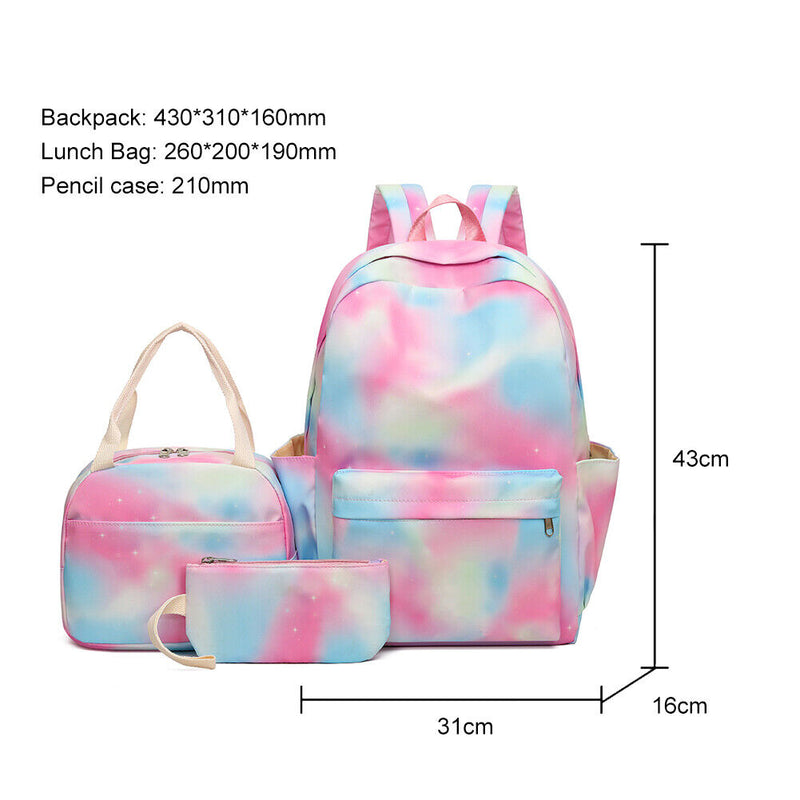 #A 3pcs/set Backpack Gradient Rainbow Print Kids Bookbag 3 in 1 Lunch Bag Girl