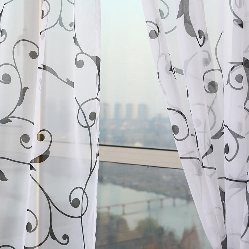Transparent Voile Floral Print Curtains Bedroom Window Door Curtain (Black)