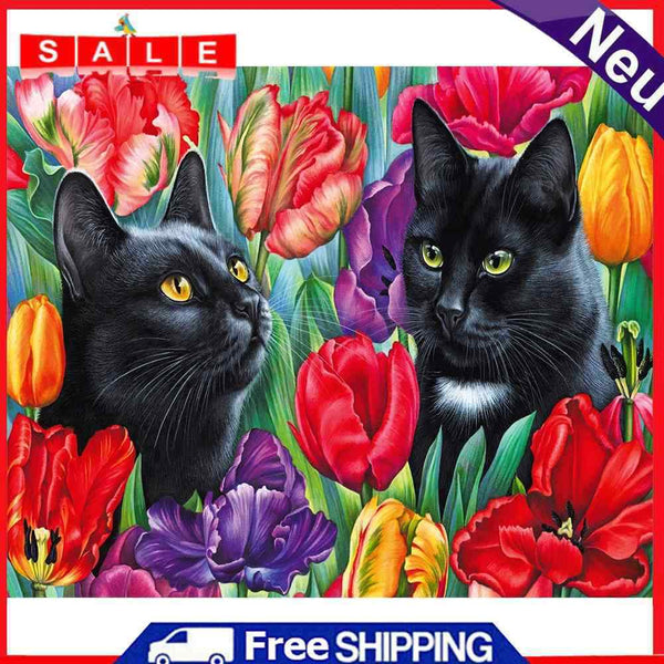 Black Cat in Flowers Oil Paint By Numbers DIY Home Decoration Gift Wall Art Kit