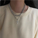 Women Men Clavicle Chain Double-layer Cross Pendant Necklace Cross Shape