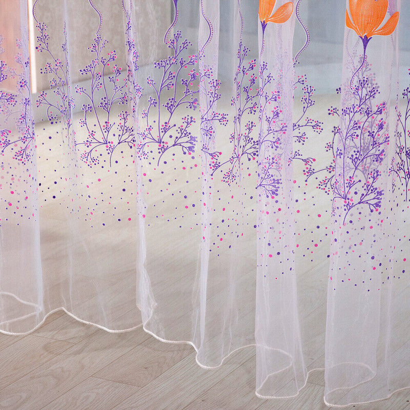 Flowers Print Translucent Curtains Windows Decor Tulle Sheer Drapes Purple