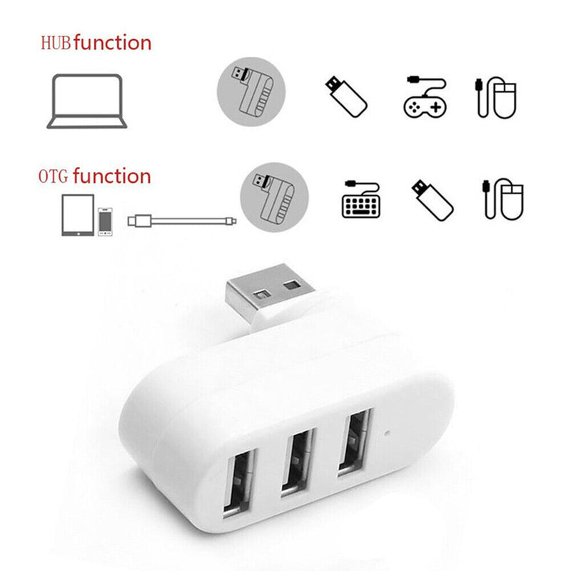 Mini Rotatable 3 Port USB Hub U Disk Reader Splitter for PC (USB 2.0 White)