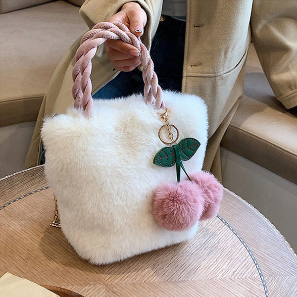 Women Furry Fluffy Female Soft Plush Handbags Cherry Bags Totes Shopping Bags