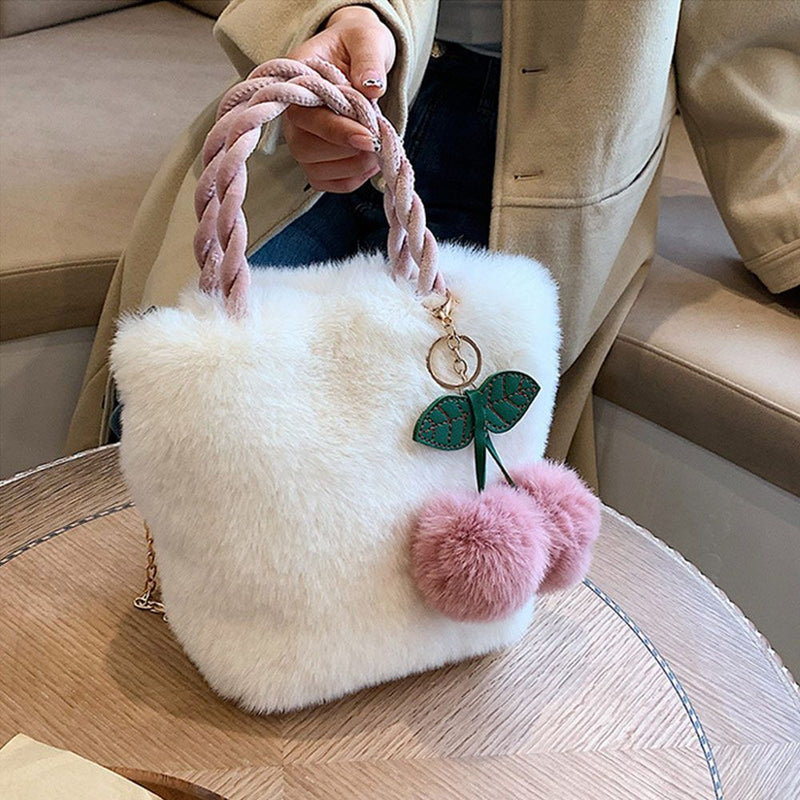 Women Furry Fluffy Female Soft Plush Handbags Cherry Bags Totes Shopping Bags