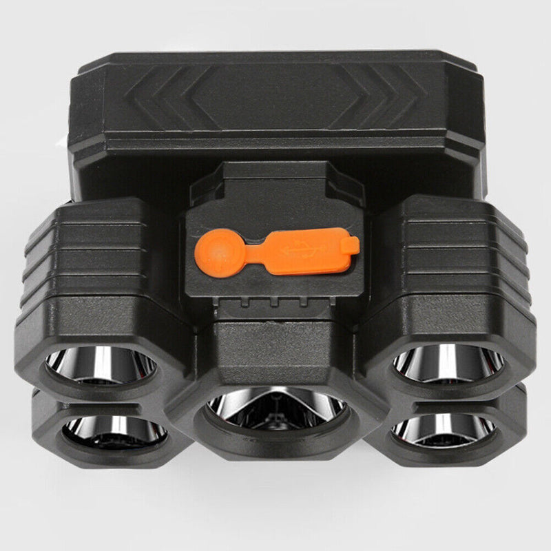 USB Rechargeable 5 LED Headlamp IPX4 Waterproof 4 Gears 500LM Warning Head Torch