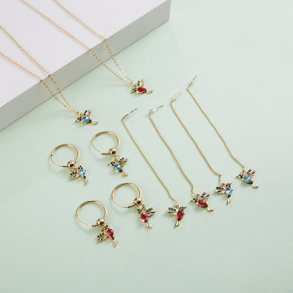 Design Hummingbird Crystal Birds Pendant Necklace Long Tassel Drop Earrings