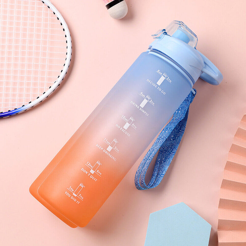 1000ml Sports Water Bottle with Time Marker Outdoor Fitness Cups (Blue) Newly