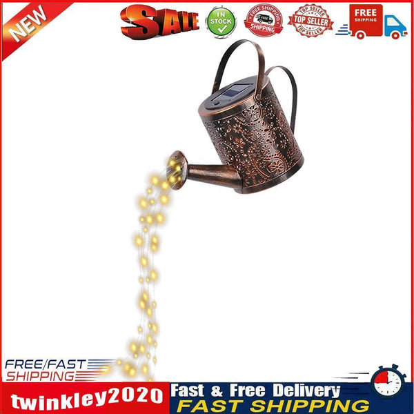 LED Solar Kettle Light Wrought Iron Hollow Flower Water Can Fairy Lamp (A) Newly