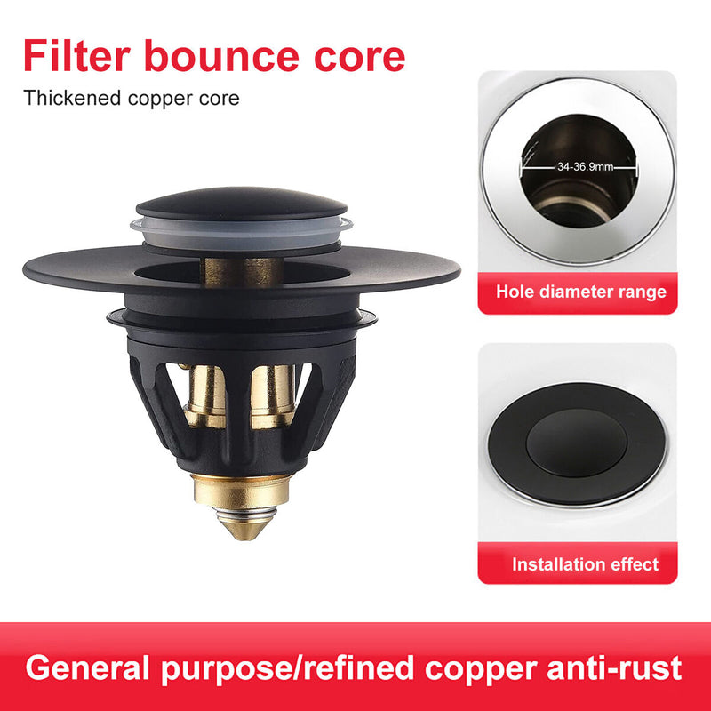 Stainless Steel Bathroom Sink Plug Wash Basin Bounce Drain Filter (Black) Newly