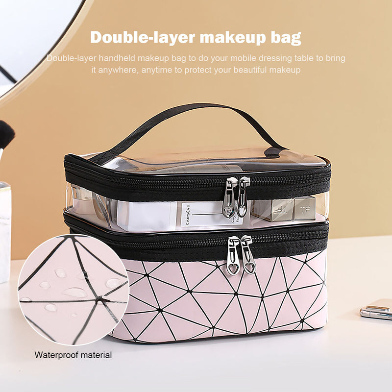 Double Layer Travel Makeup Bag Waterproof Portable Cosmetic Bag (Pink) Newly