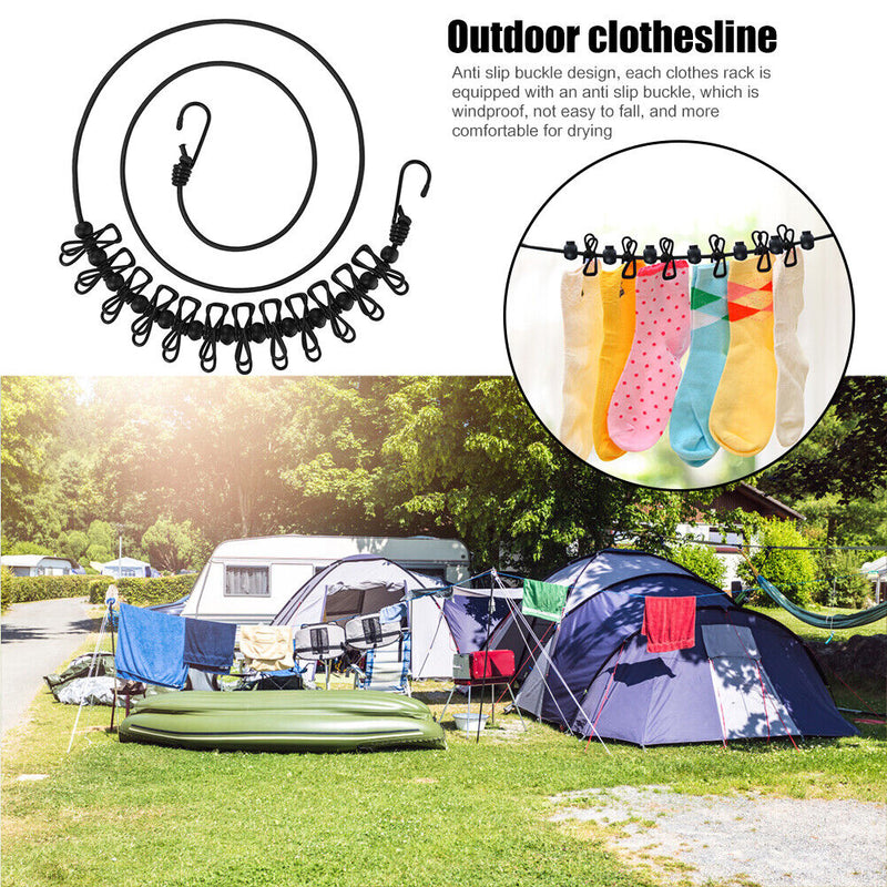Travel Clothesline w/ 12 Clips Anti Slip Camping Cloth Hanger Rope (Black) Newly