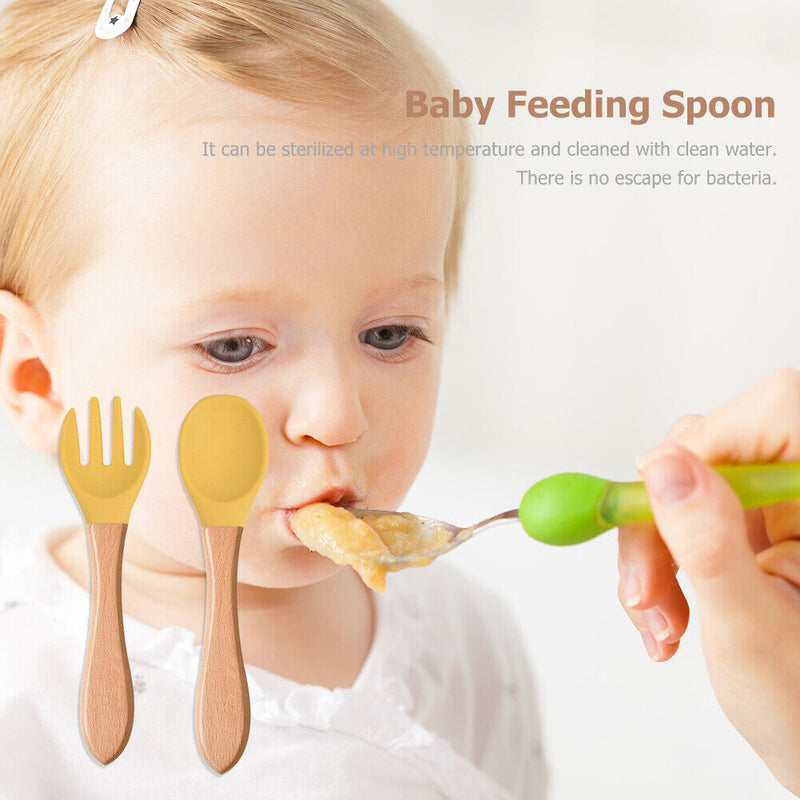 Baby Wooden Silicone Feeding Spoon Toddlers BPA-free Tableware (28) Newly