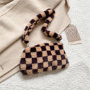 Women Winter Plush Shoulder Bag Cute Print Underarm Bags (Brown Checkered)