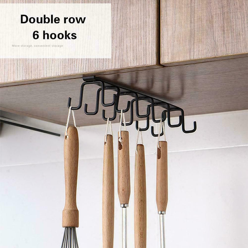 6 Hooks Cup Holder Kitchen Cabinet Shelf Storage Black Organizer Rack L2I1