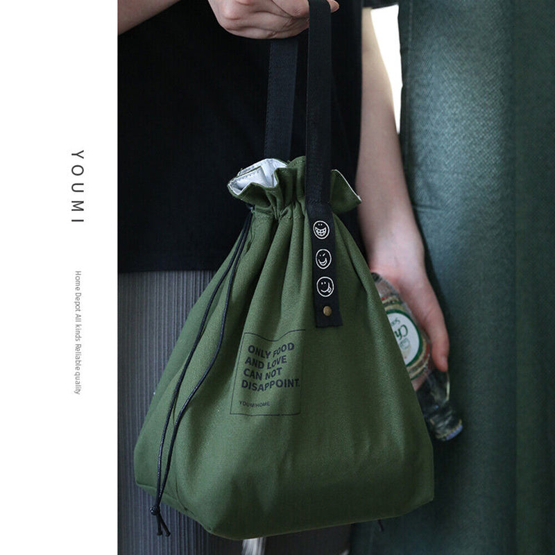 Canvas Insulation Bag Picnic Drawstring Lunch Box Pouch (Military Green) Newly