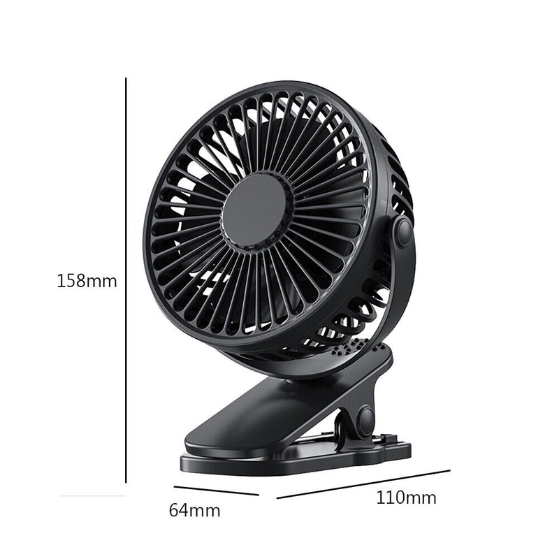 USB Mini Clip Fan Portable Travel Desk Cooling Ventilador (Black 1200mAh)
