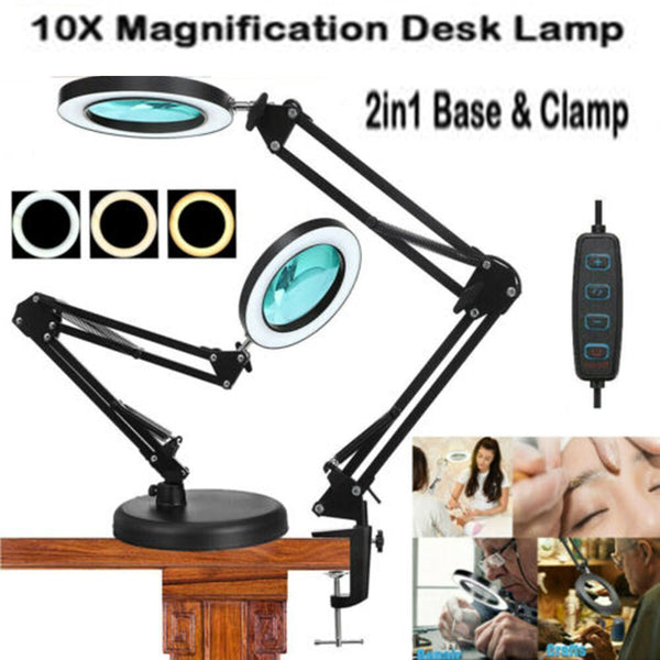 with Base& Clamp LED Lamp Black Desk Light Magnifier Magnifying Glass 10X