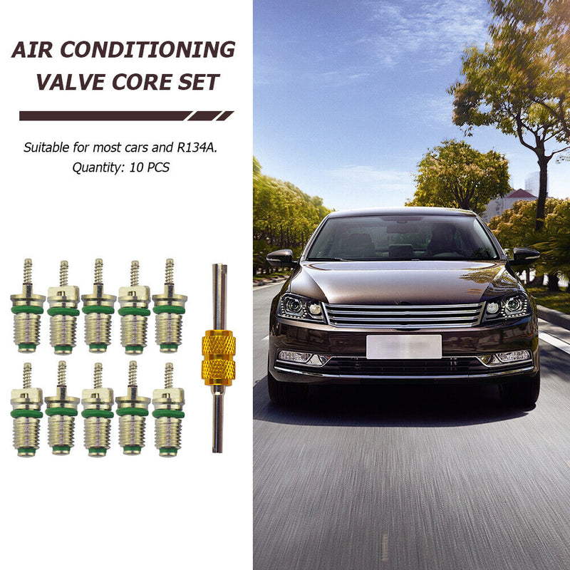 10pcs R134a Car A/C Valve Cores Air Conditioning Valve Cores Green + Tool