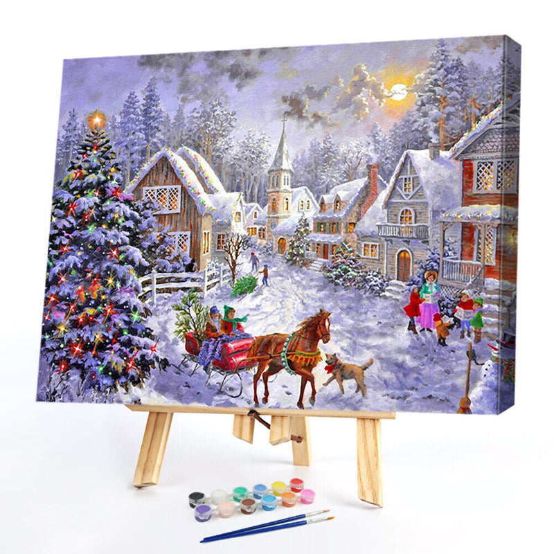 Oil Painting By Numbers Set Christmas Tree in Snow DIY Drawing Xmas Decor Gifts