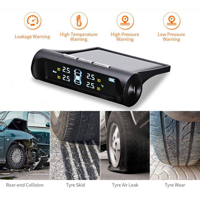 Solar Car TPMS LCD Auto Tire Tyre Pressure Monitoring System w/4 External Sensor