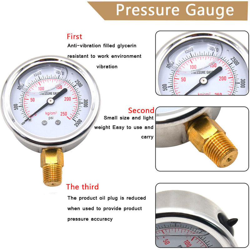 Stainless Steel Hydraulic Fluid Pressure Gauge Tester Meter 0-3500PSI US Thread