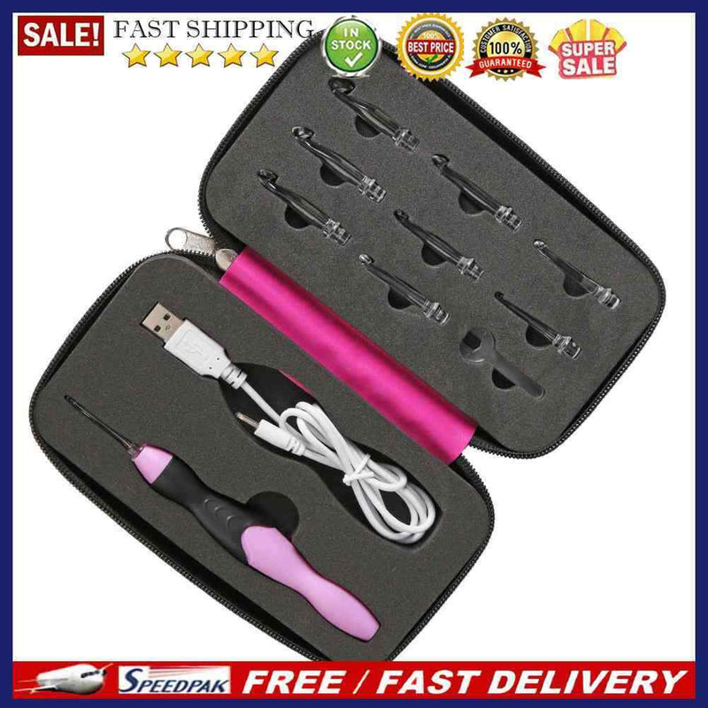 9 in 1 USB Light Up Crochet Hooks Knitting Needles LED Sewing Kit (Rose Red