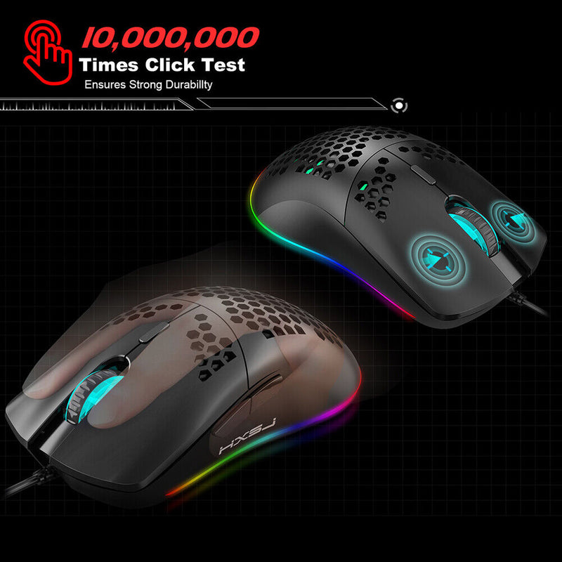 USB Lightweight Gaming Mouse RGB Backlit 6400DPI Honeycomb Shell Mice for PC