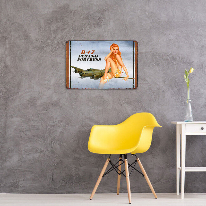 Flying Fortress Girl Metal Sign Plaque Wall Poster Decor for Home Cafe Bar