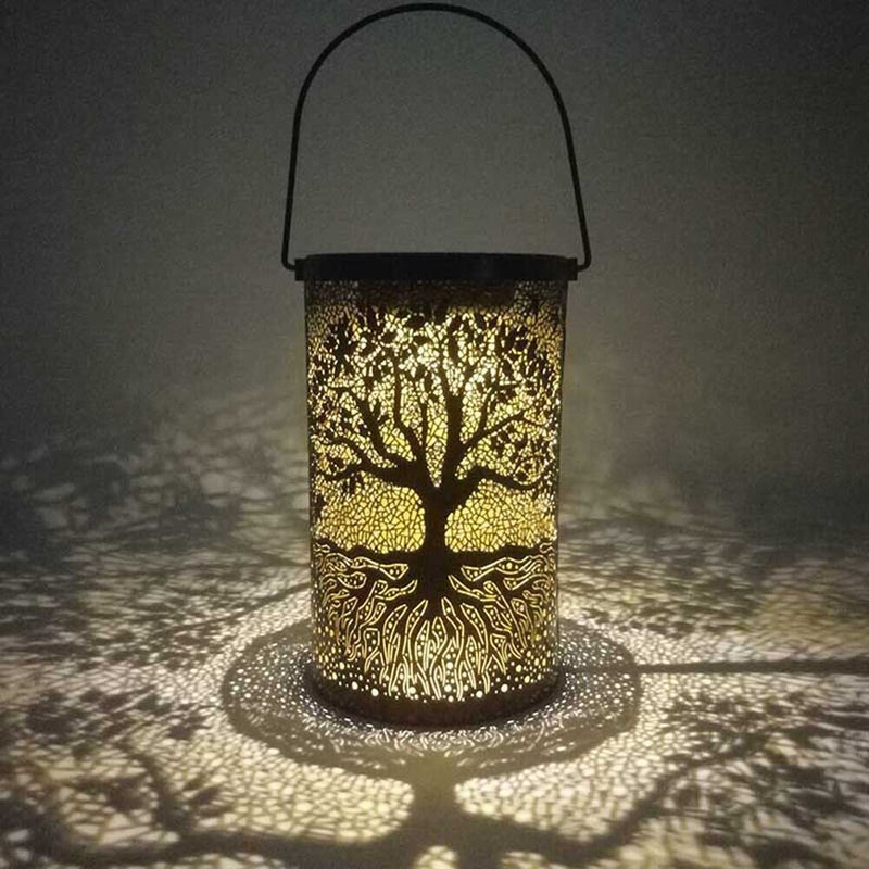 Metal LED Solar Light Hollow Tree Pattern Hanging Lamp Outdoor Garden Decoration