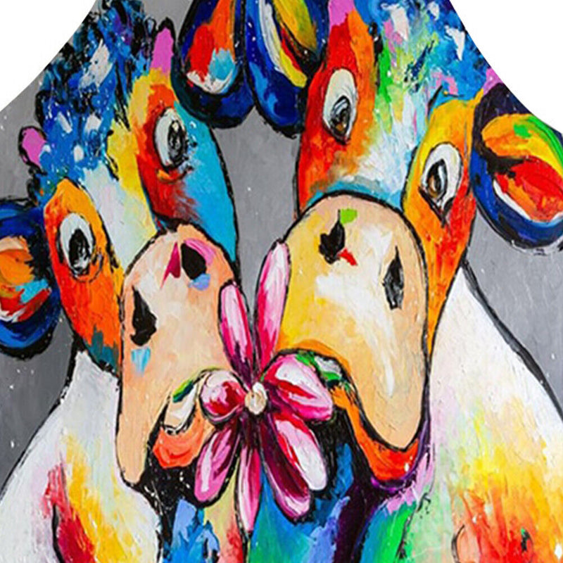 Oil Paint Cattle Print Kitchen Linen Apron Waterproof Bibs Pinafore for Women