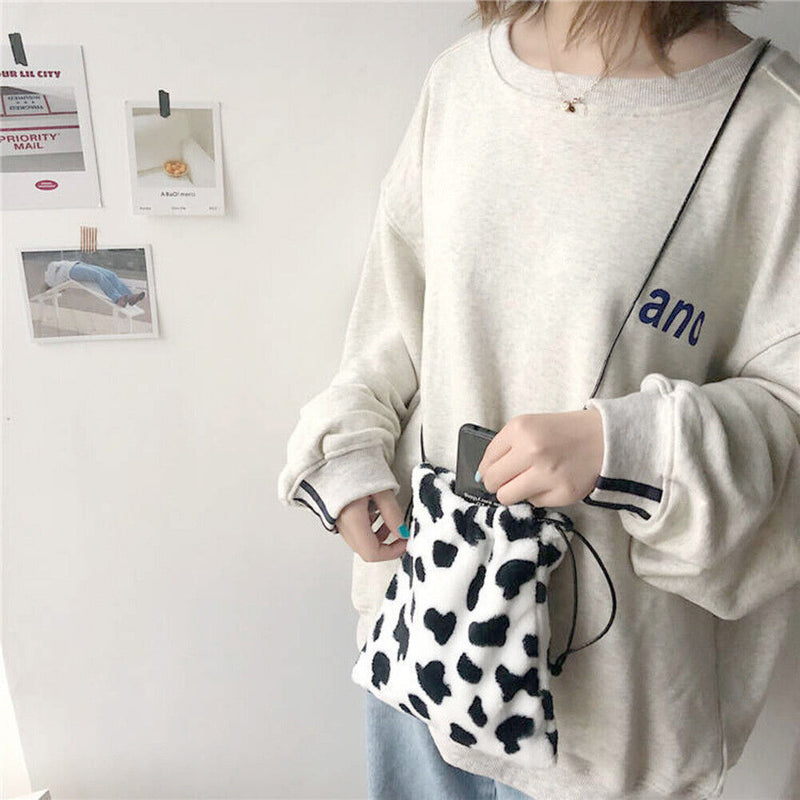 Women Plush Crossbody Bag Cow Milk Print Shoulder Drawstring Mini Handbags