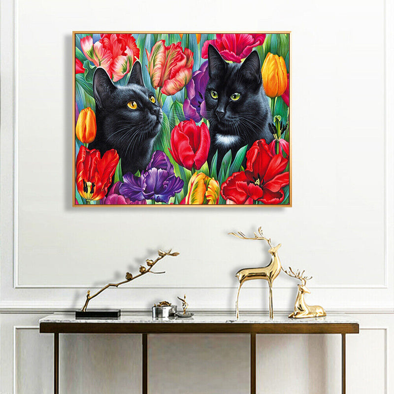 Black Cat in Flowers Oil Paint By Numbers Kit DIY Acrylic Painting Picture