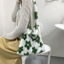 Women Plush Flower Pattern Handbag Lady Warm Large Shoulder Bag (Green)