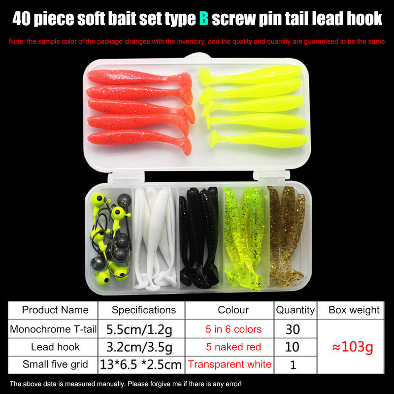 #A 40pcs/lot Soft Fishing Lure Kit Jig Head Hook T Tail Skirt Bait with Tackle B