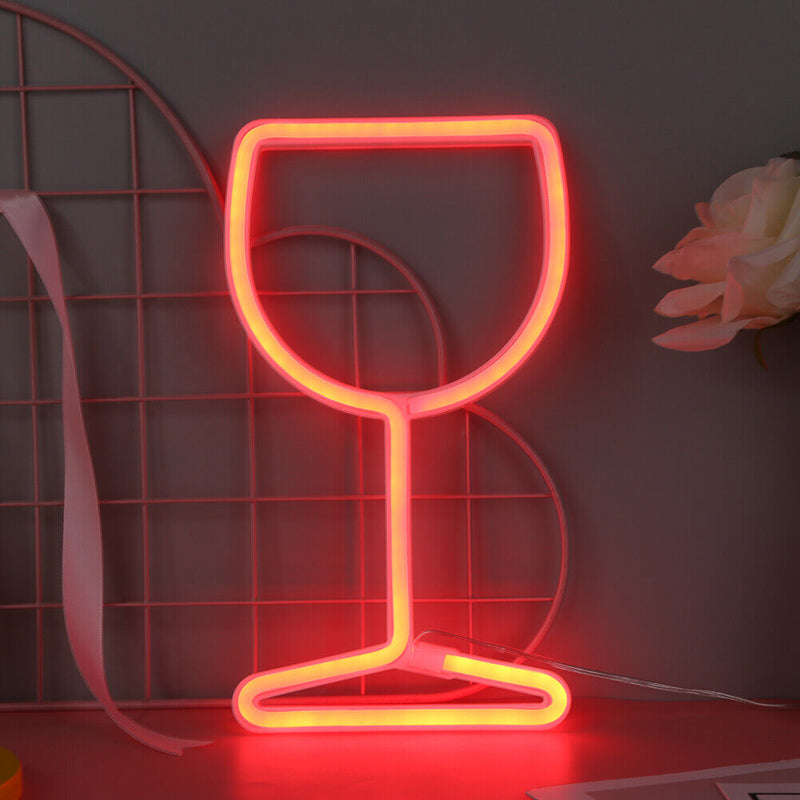LED Neon Light Wine Glass Night Light USB Christmas Kids Room Decor (Red)