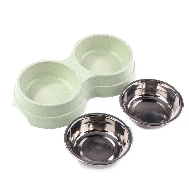 Dog Double Bowl Puppy Food Feeder Stainless Steel Pet Drinking Dish (Green)