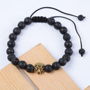 Unisex Lion Head Charm Beads Bangle Adjustable Strand Bracelet (Lava Stone)