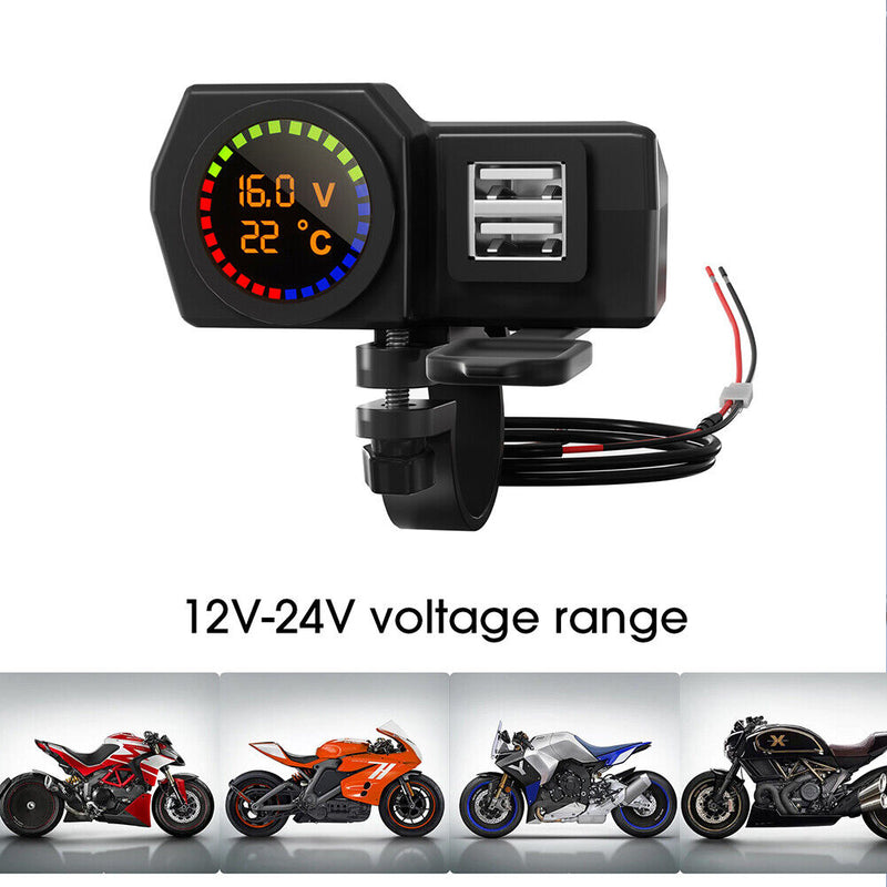 Dual Port Power Supply Adapter USB Motorcycle Charger with Voltmeter Thermome