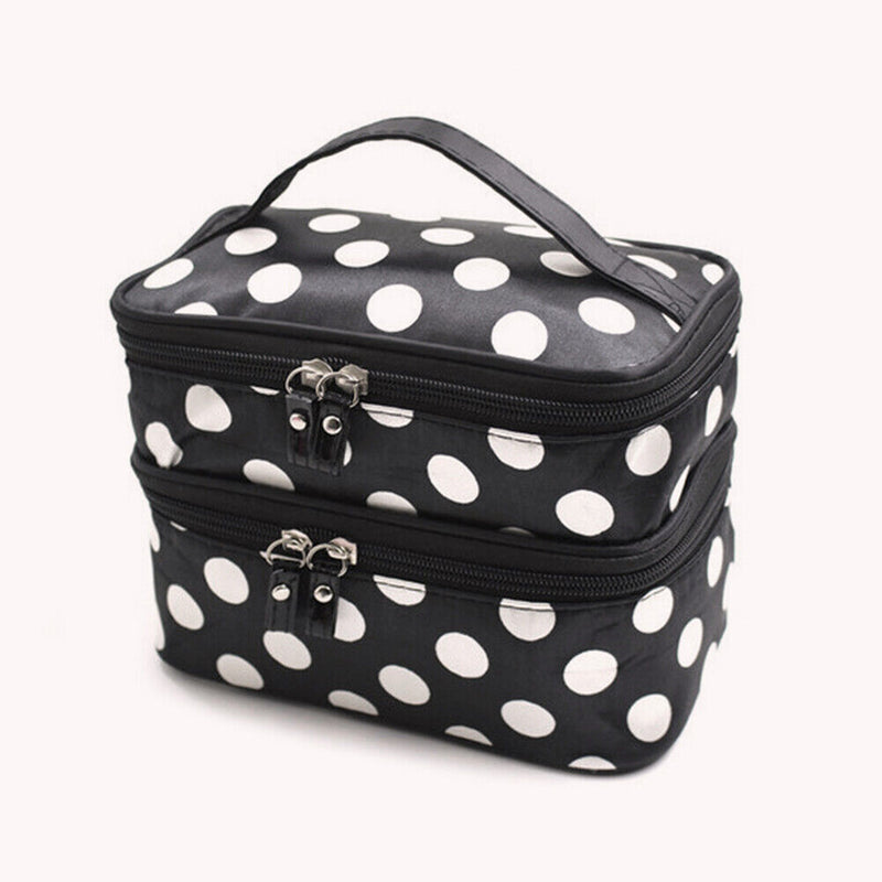 Double Layer Cosmetic Bag Travel Makeup Storage Case (Black+White Dot) Newly