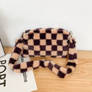 Women Winter Plush Shoulder Bag Cute Print Underarm Bags (Brown Checkered)